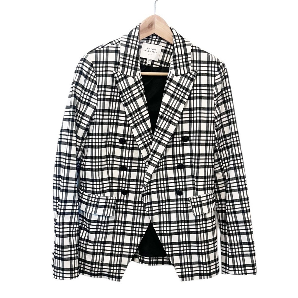 Maison d’Amelie Paris Black and White Check Double Breasted Longline Blazer NWOT